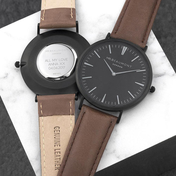 Men's Luxury Leather Mr Beaumont Watch, with brown strap and black face, featuring a personalised message engraved on the back.  Collection image for Watches Collection.