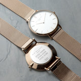 Personalised Ladies Watch with Rose Gold Metallic Mesh Strap & White Dial