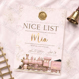 Personalised Nice List certificate, pink vintage train design