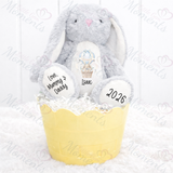 Personalised Happy Easter Bunny Teddy. Custom Kids Keepsake Easter Bunny Plush - Hot Air Balloon Design