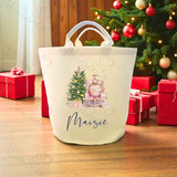 Personalised Christmas Gift Basket Trug. Festive Gift Sack - Train Design - Pink or Navy