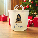 Personalised Christmas Gift Basket Trug. Festive Gift Sack - Christmas Navy Train Design