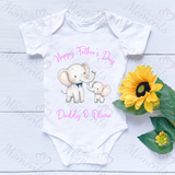 Personalised Happy Father's Day Baby Bodysuit. Custom Cute Father's Day Baby Vest - Elephant Design - Pink or Blue