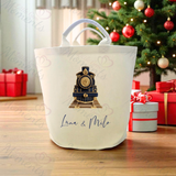 Personalised Christmas Gift Basket Trug. Festive Gift Sack - Christmas Navy Train Design