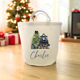Personalised Christmas Gift Basket Trug. Festive Gift Sack - Train Design - Pink or Navy