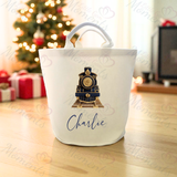 Personalised Christmas Gift Basket Trug. Festive Gift Sack - Christmas Navy Train Design