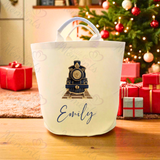 Personalised Christmas Gift Basket Trug. Festive Gift Sack - Christmas Navy Train Design