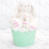 Personalised Happy Easter Bunny Teddy. Custom Kids Keepsake Easter Bunny Plush - Hot Air Balloon Design