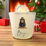 Personalised Christmas Gift Basket Trug. Festive Gift Sack - Christmas Navy Train Design