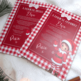 Personalised Elf Hello and Goodbye Letter Bundle | Red Gingham Elf Arrival and Farewell Notes | Custom Name A4 Card | Kids Christmas Set