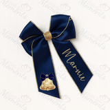 Personalised Glitter Trim Christmas Hair Bow - Festive Bell Design - Multiple Colours - 6 Inch Bow