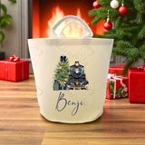 Personalised Christmas Gift Basket Trug. Festive Gift Sack - Train Design - Pink or Navy