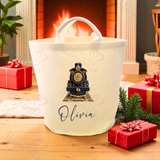 Personalised Christmas Gift Basket Trug. Festive Gift Sack - Christmas Navy Train Design