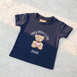 Personalised Happy Mother's Day T-shirt - Teddy Heart Design - Pink or Blue
