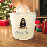 Personalised Christmas Gift Basket Trug. Festive Gift Sack - Christmas Navy Train Design