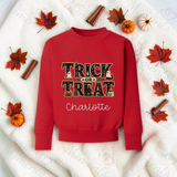 Trick Or Treat Sweatshirt | Personalised Kids Halloween Top | Custom Name Toddler Halloween Sweater | Gothic Halloween Jumper