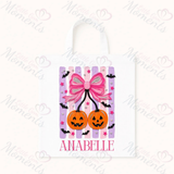 Personalised Halloween Tote Bag | Pink Bow Pumpkin Design | Custom Name Trick or Treat Bag | Kids Halloween Gift Bag