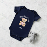Personalised Happy Mother's Day Baby Bodysuit. Custom Baby Vest - Blue or Pink Teddy Heart Design