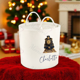 Personalised Christmas Gift Basket Trug. Festive Gift Sack - Christmas Navy Train Design