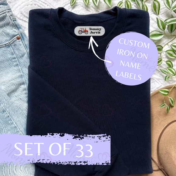 Set of 33 Custom Name Labels. Durable Iron On Name Tags for School Uniform, Sports Kit. Kids Washable Clothing Labels