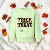 Trick Or Treat Sweatshirt | Personalised Kids Halloween Top | Custom Name Toddler Halloween Sweater | Gothic Halloween Jumper
