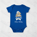 Blue baby bodysuit with teddy bear design and text on a white background