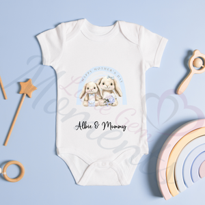 Personalised Happy Mother's Day Baby Bodysuit. Custom Baby Vest - Blue or Pink Bunny Design