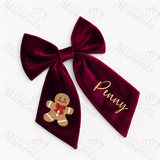 Personalised Christmas Velvet Hair Bow - Gingerbread Man Design