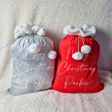 Luxury Plush Velvet Personalised "Merry Christmas" Santa Gift Sacks - Red or Grey - 50cm x 70cm