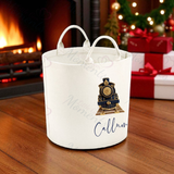 Personalised Christmas Gift Basket Trug. Festive Gift Sack - Christmas Navy Train Design