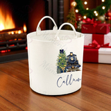 Personalised Christmas Gift Basket Trug. Festive Gift Sack - Train Design - Pink or Navy
