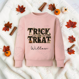 Trick Or Treat Sweatshirt | Personalised Kids Halloween Top | Custom Name Toddler Halloween Sweater | Gothic Halloween Jumper