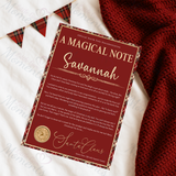 Personalised "A Magical Note" Tartan Santa Letter. Custom Christmas Eve Box Filler.