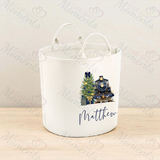 Personalised Christmas Gift Basket Trug. Festive Gift Sack - Train Design - Pink or Navy