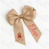 Personalised Glitter Trim Christmas Hair Bow - Gingerbread Man Design - Multiple Colours - 6 Inch Bow
