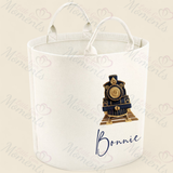 Personalised Christmas Gift Basket Trug. Festive Gift Sack - Christmas Navy Train Design