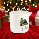 Personalised Christmas Gift Basket Trug. Festive Gift Sack - Train Design - Pink or Navy