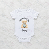 Personalised Happy Mother's Day Baby Bodysuit. Custom Baby Vest - Blue or Pink Teddy Heart Design