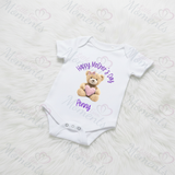 Personalised Happy Mother's Day Baby Bodysuit. Custom Baby Vest - Blue or Pink Teddy Heart Design