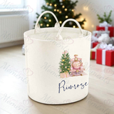 Personalised Christmas Gift Basket Trug. Festive Gift Sack - Train Design - Pink or Navy
