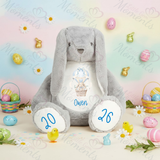 Grey plush bunny with personalised details in an Easter-themed setting