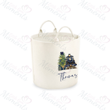 Personalised Christmas Gift Basket Trug. Festive Gift Sack - Train Design - Pink or Navy