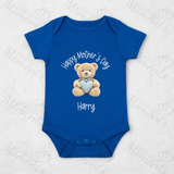 Personalised Happy Mother's Day Baby Bodysuit. Custom Baby Vest - Blue or Pink Teddy Heart Design