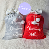 Luxury Plush Velvet Personalised "Merry Christmas" Santa Gift Sacks - Red or Grey - 50cm x 70cm