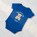 Personalised Happy Mother's Day Baby Bodysuit. Custom Baby Vest - Blue or Pink Teddy Heart Design