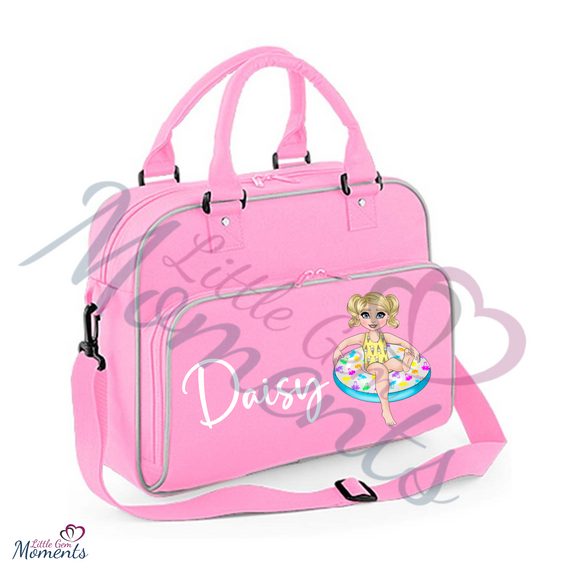 Personalised Girls Holiday Bag with Custom Dolly Character. Summer Holiday Kids Hand Luggage