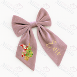 Personalised Christmas Velvet Hair Bow - Elf Climbing Christmas Tree Design