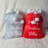 Luxury Plush Velvet Personalised "Merry Christmas" Santa Gift Sacks - Red or Grey - 50cm x 70cm