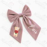 Personalised Valentine's Velvet Hair Bow - Teddy Flowers Design