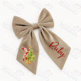 Personalised Christmas Velvet Hair Bow - Elf Climbing Christmas Tree Design